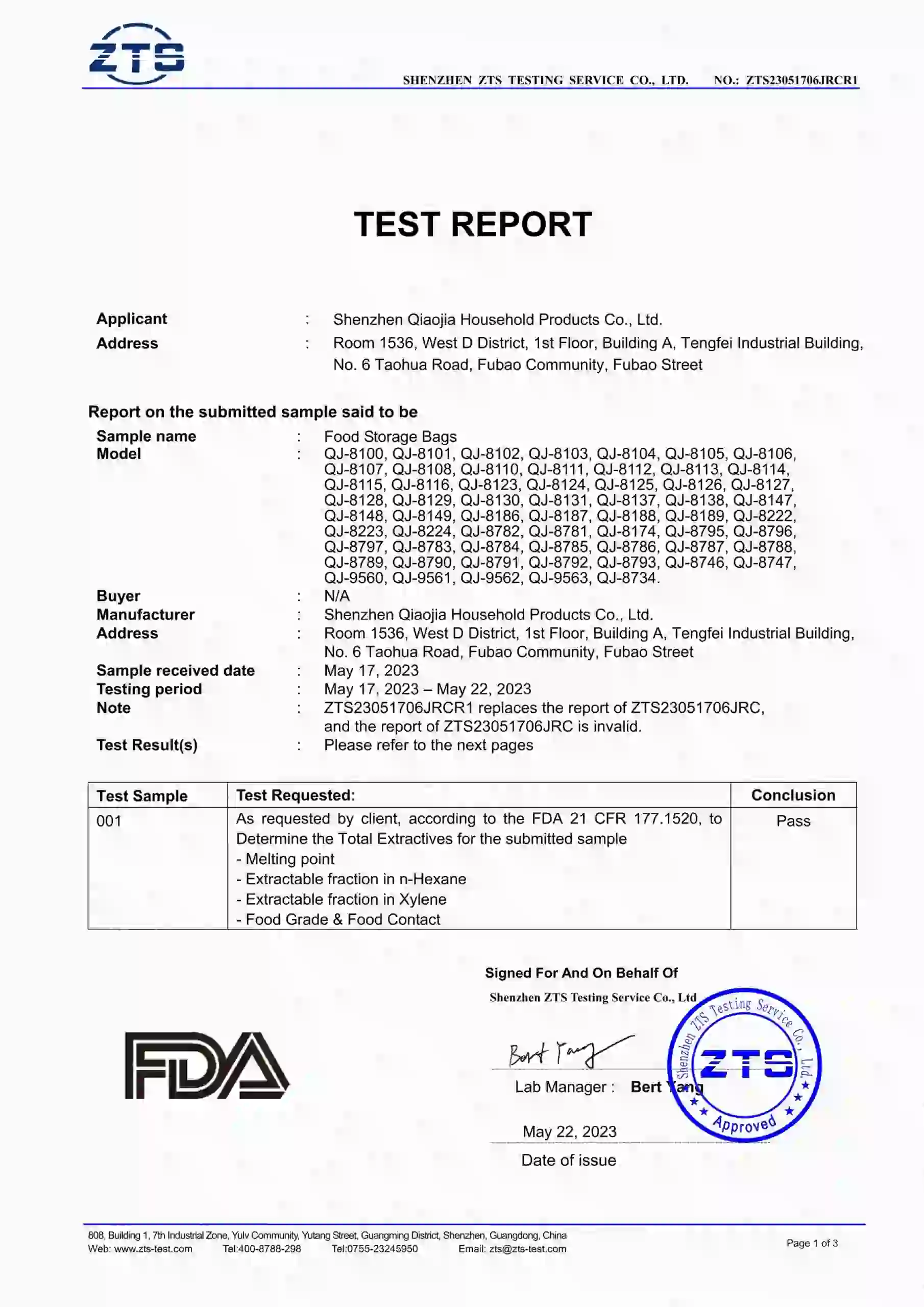 Artfullife® báo cáo thử nghiệm chứng nhận fda